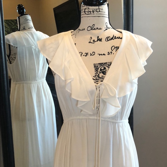 Hale Bob White Ruffled V-neck Hi-Lo, Lace-up Dress - Picture 3 of 7